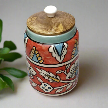 Mughal Hand Painted Multipurpose Ceramic Airtight Storage Jar - 550 ml