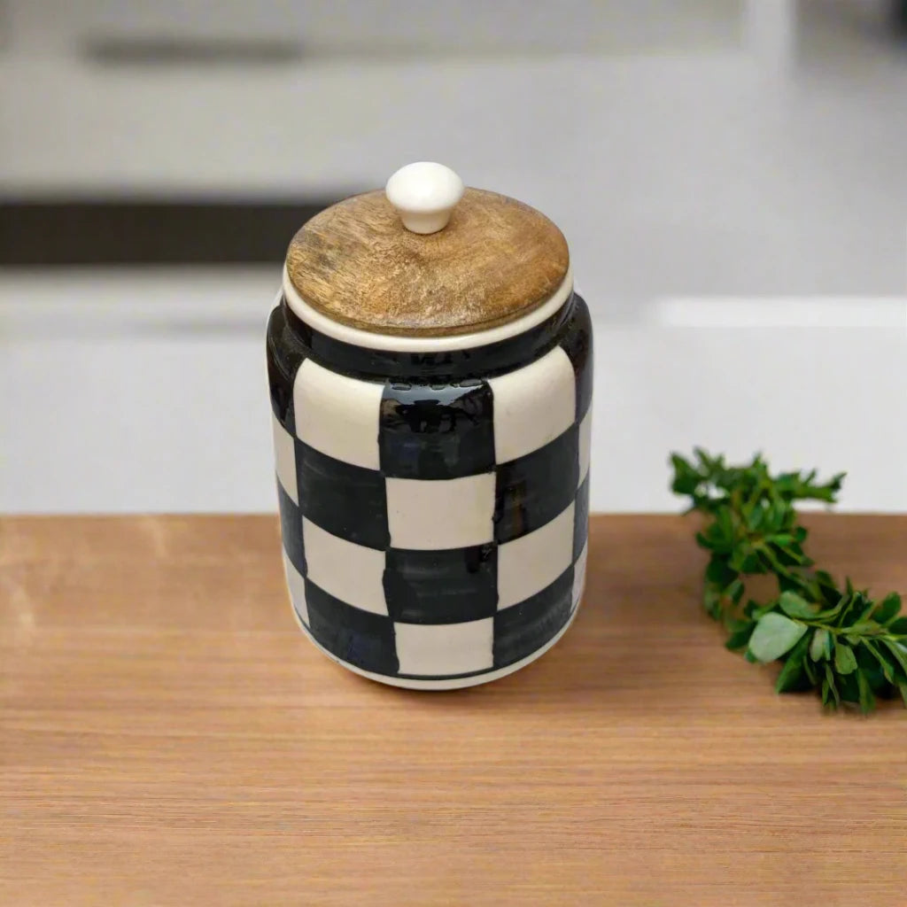 Black & White Chessboard Multipurpose Ceramic Airtight Storage Jar - 550 ml