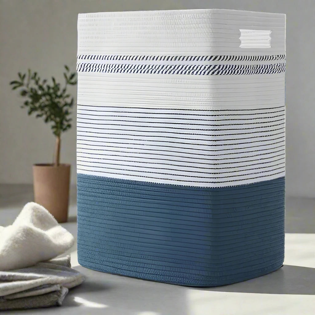 White, Blue Cotton Laundry Basket & Storage Organiser - 18 inch x 15 inch x 11 inch