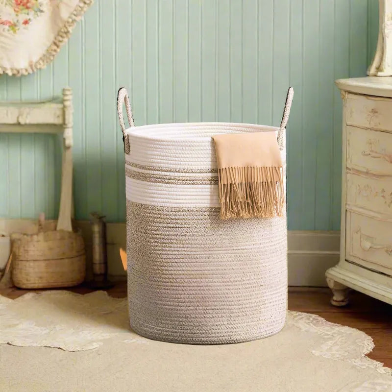 White & Beige Cotton Storage Hamper & Laundry Basket - Medium, Large