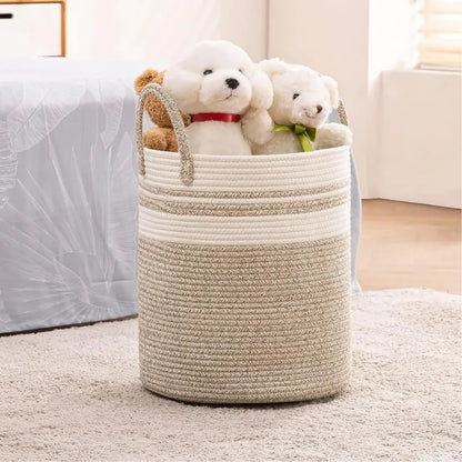 White & Beige Cotton Storage Hamper & Laundry Basket - Medium, Large