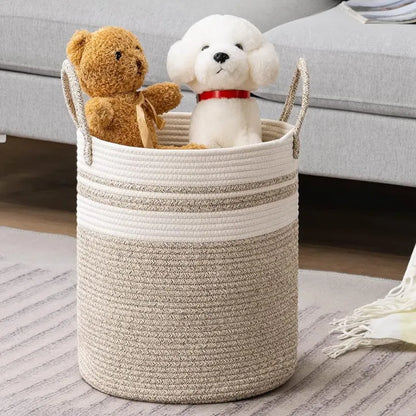 White & Beige Cotton Storage Hamper & Laundry Basket - Medium, Large