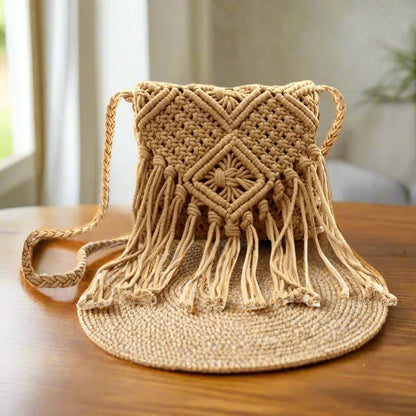 Brown Fringed Cotton Crochet Shoulder Bag - 8 inch x 7 inch