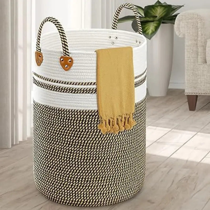 White, Beige & Black Woven Cotton Laundry Basket - Medium, Large