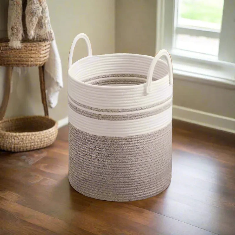 White, Beige & Black Woven Cotton Laundry Basket - Medium, Large