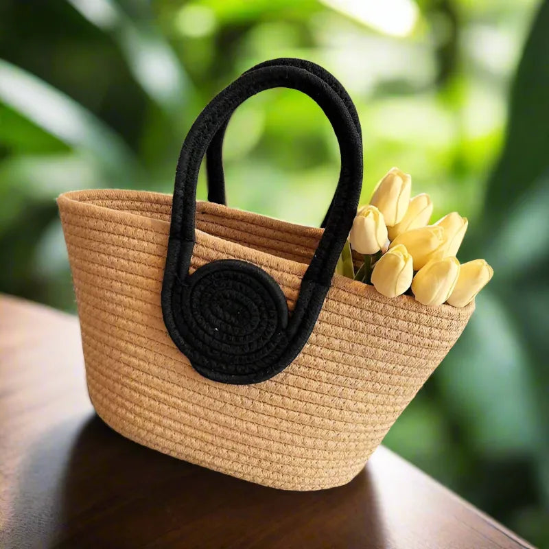 Handmade Brown Jute Side Bag with Black Handles