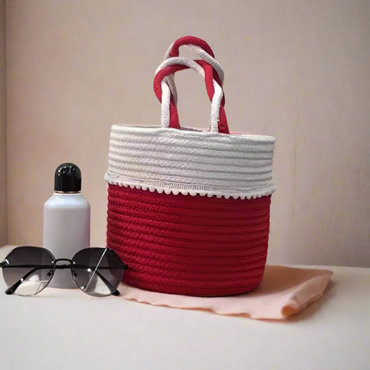 Red & White Woven Cotton Beach Tote Bag