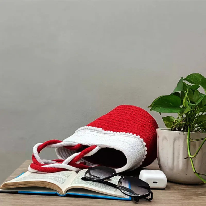 Red & White Woven Cotton Beach Tote Bag