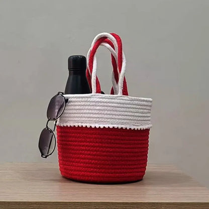 Red & White Woven Cotton Beach Tote Bag