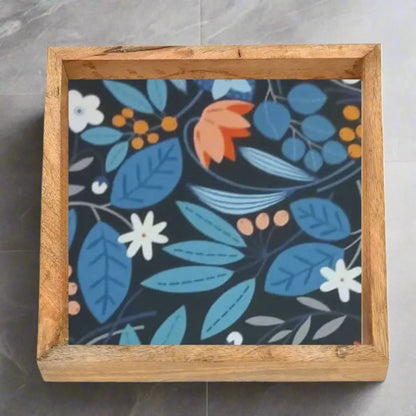 Blue Moonlit Floral Print Wooden Serveware