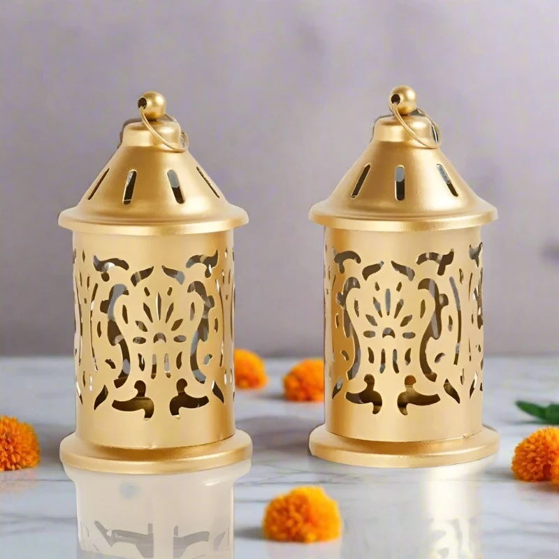 Decorative Iron Lantern Candle Holders - Set of 2