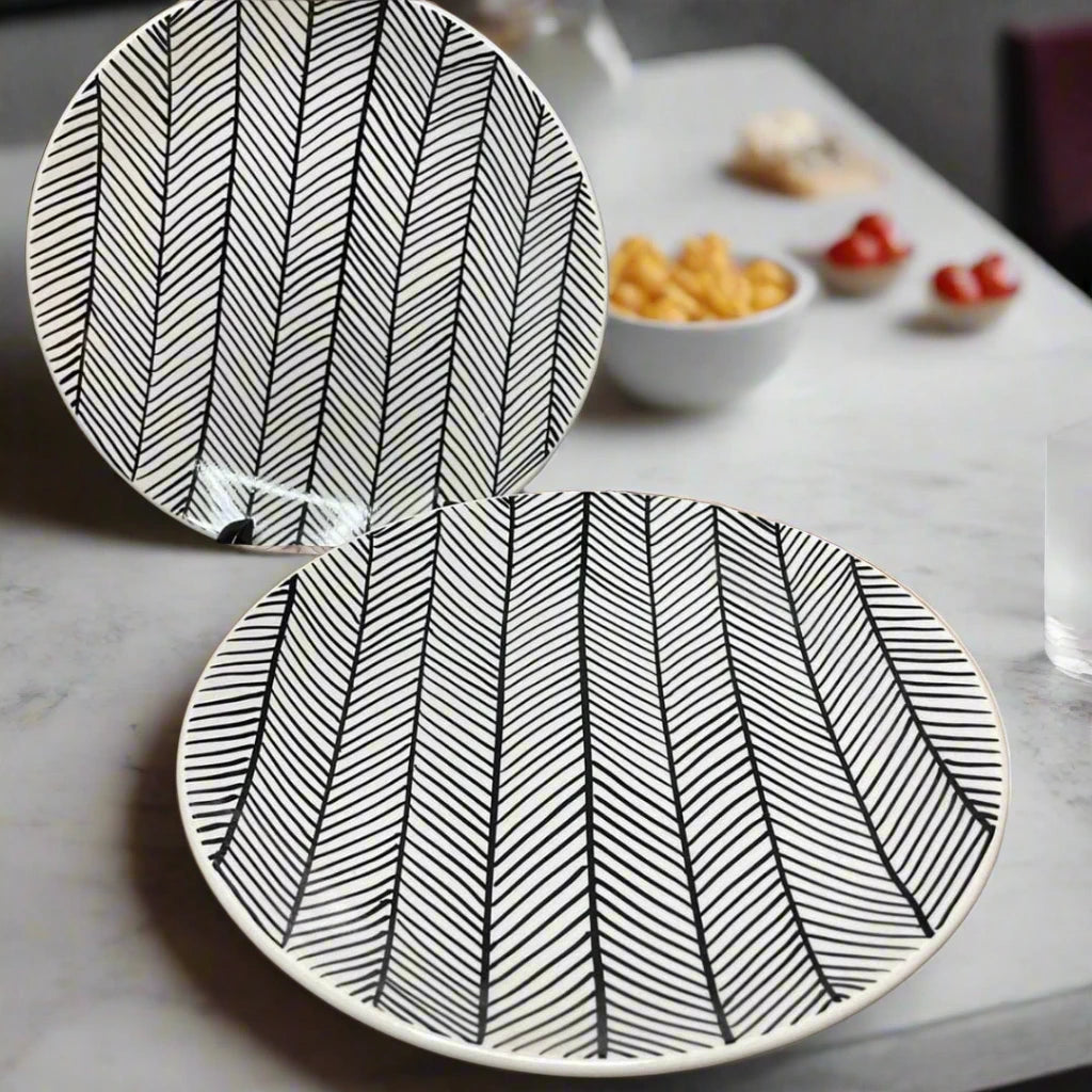 Traditional White Handcrafted Ceramic Plate with Black Lines - 7 inch & 10 inch