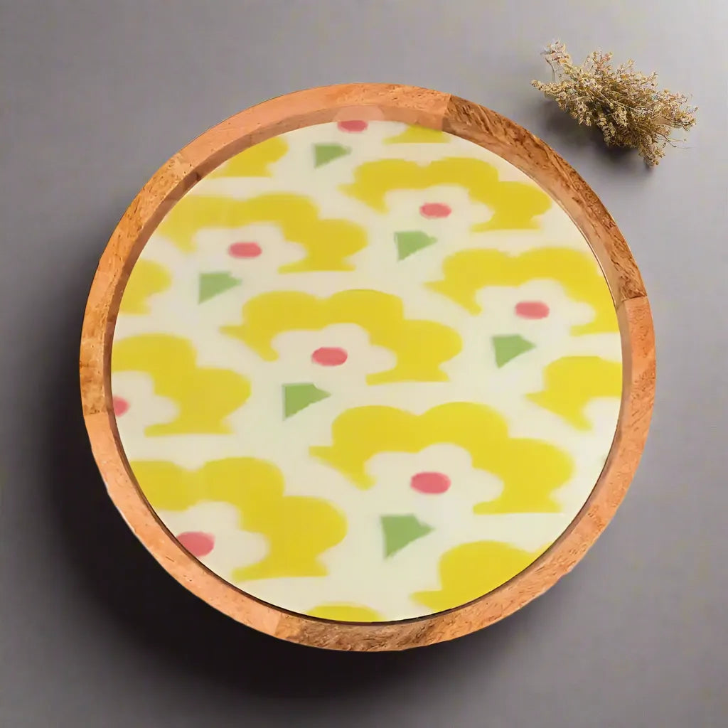 Yellow Flowers Pattern Print Wooden Serveware
