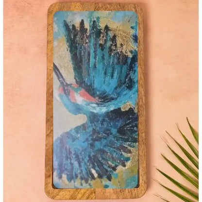 Elegant Blue Kingfisher Print Wooden Serveware