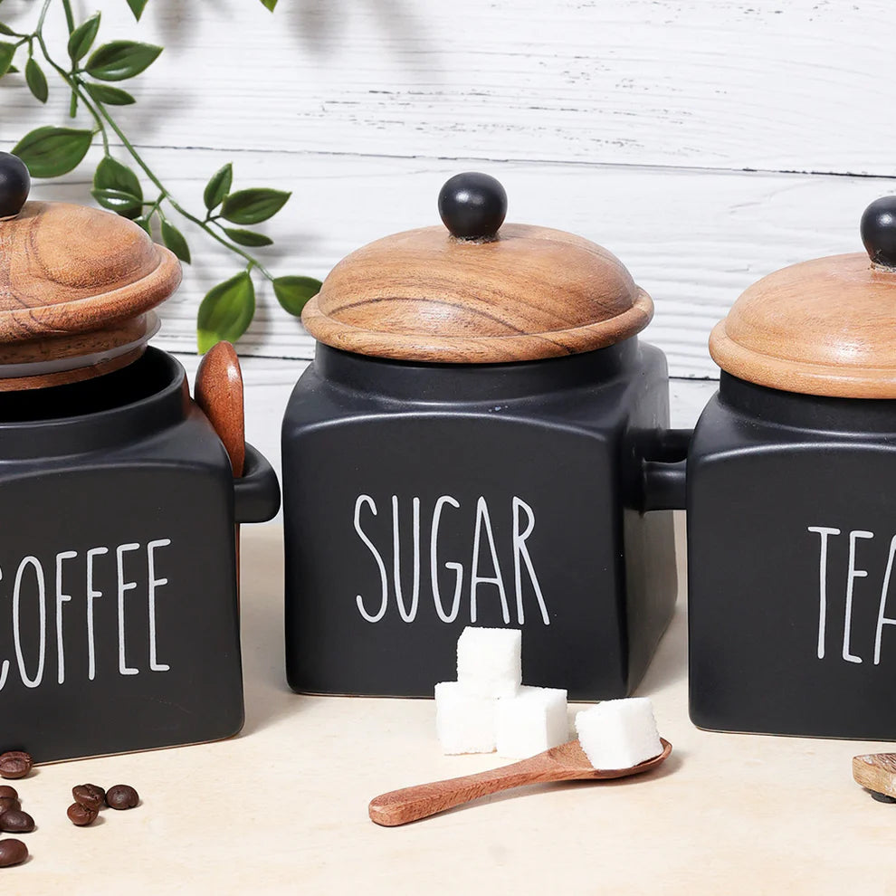 Matte Black Ceramic Sugar Storage Jar with Airtight Lid & Spoon - 1000 ml