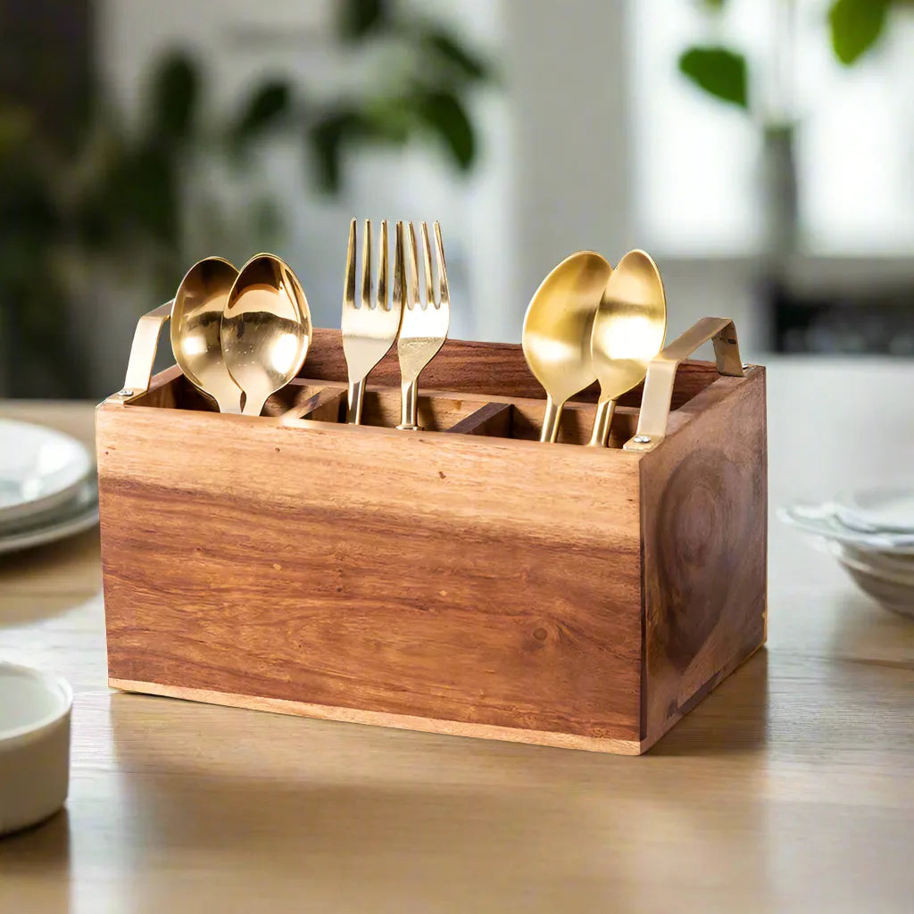 Vintage Acacia Wood Cutlery Holder - Walnut Finish