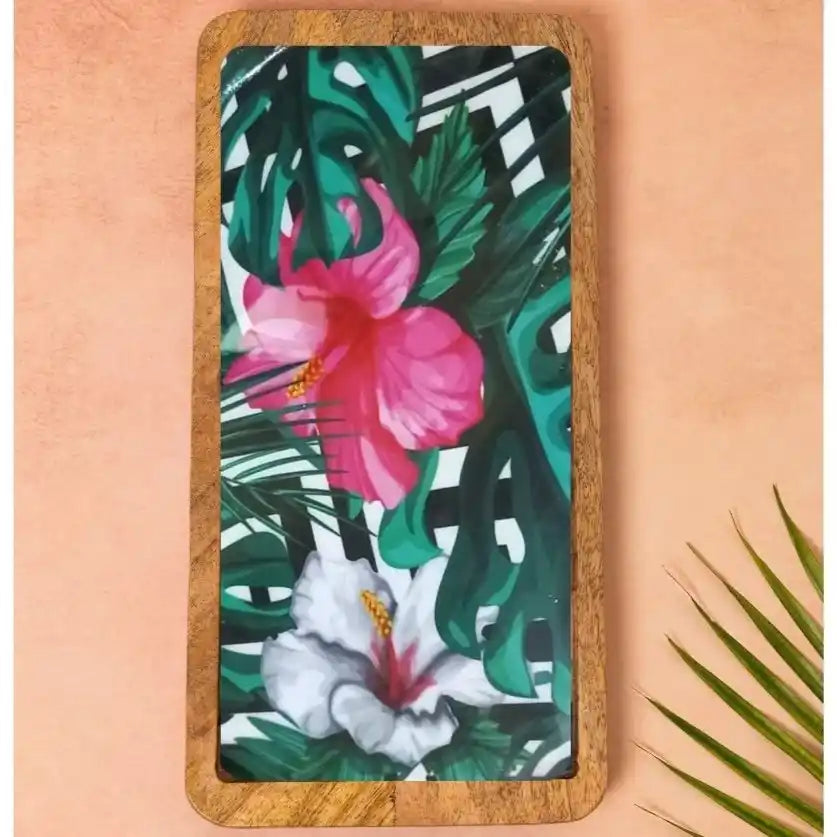 White & Pink Floral Print Wooden Serveware
