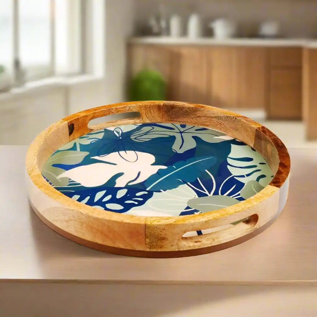 Elegant Wooden Navy Tropical Leaf Pattern Serveware