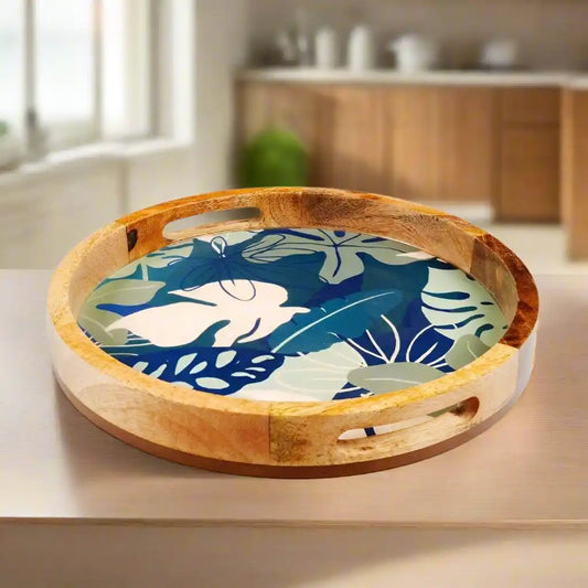 Elegant Wooden Navy Tropical Leaf Pattern Serveware