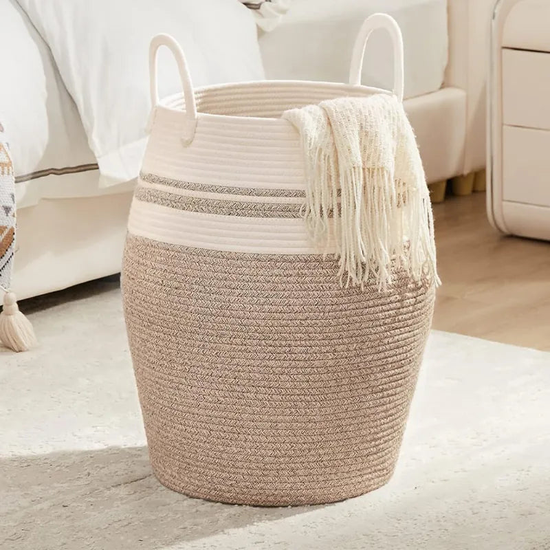 White & Beige Sleek Laundry Storage Basket with Handles - Medium, Large