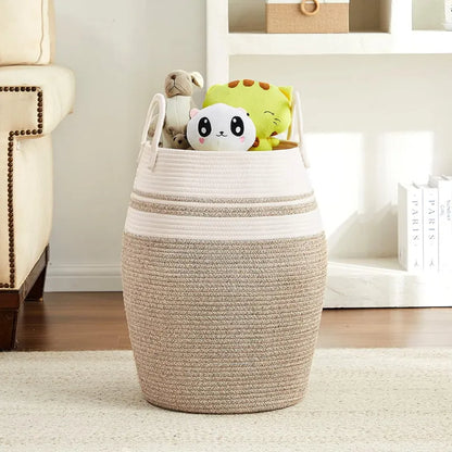 White & Beige Sleek Laundry Storage Basket with Handles - Medium, Large