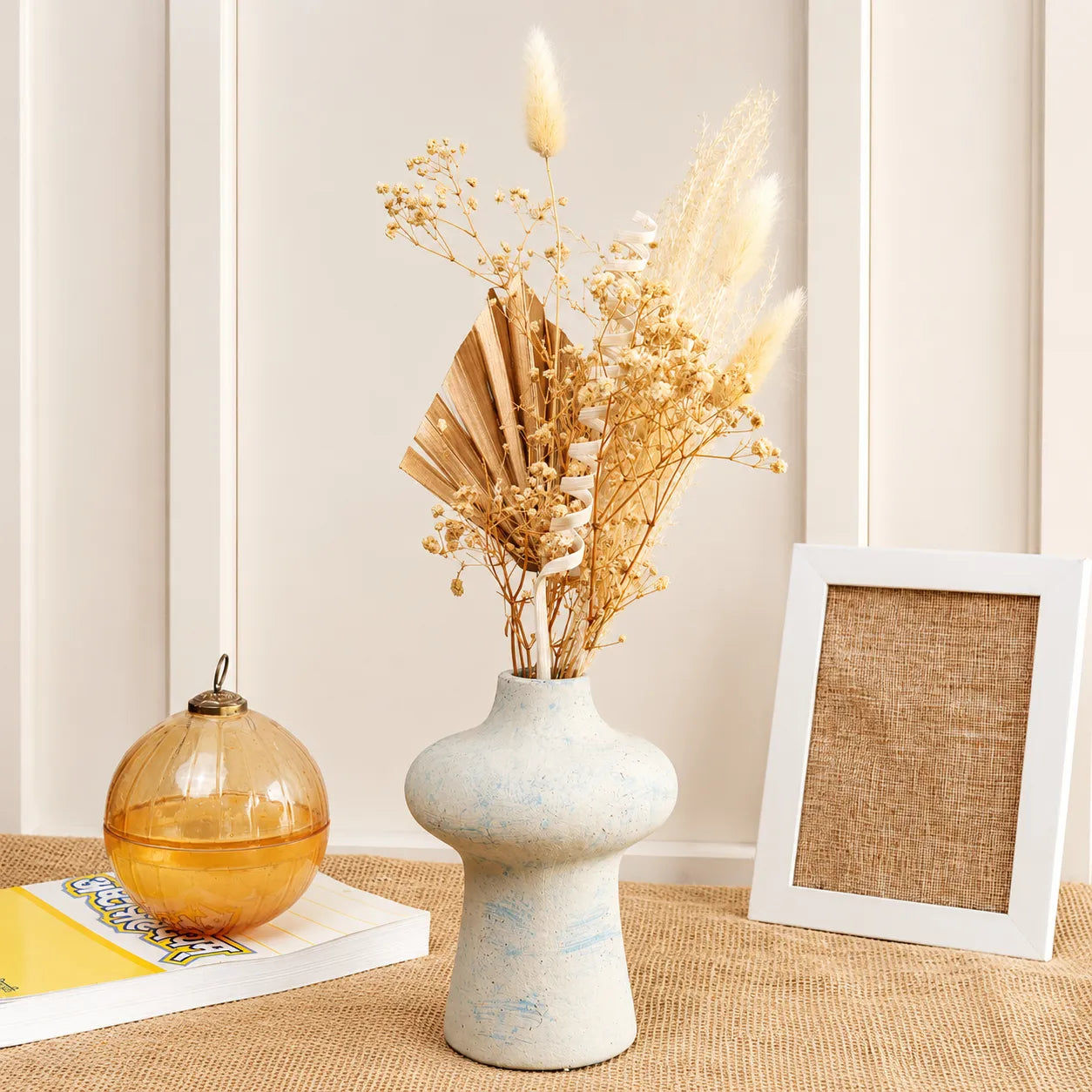White Rustic Blue Porcelain Vase with Dried Flowers