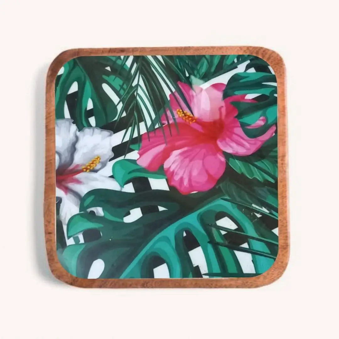 White & Pink Floral Print Wooden Serveware