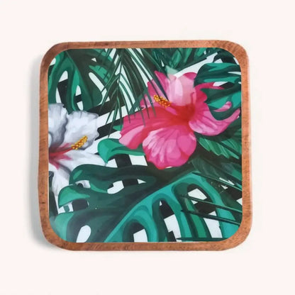 White & Pink Floral Print Wooden Serveware
