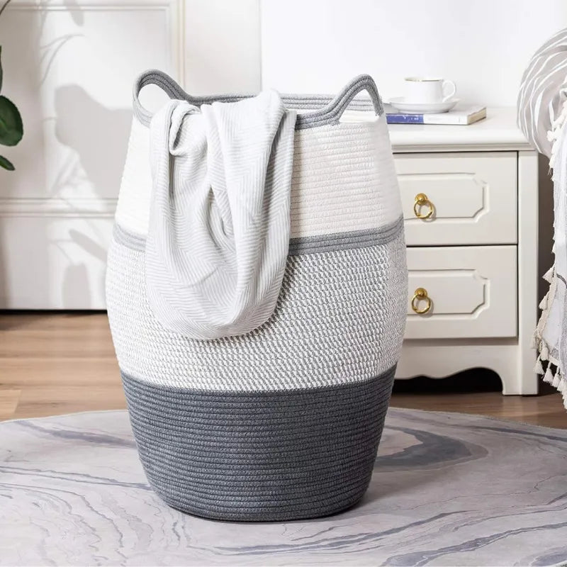 White & Grey Cotton Basket with Small Handle - Medium, Large