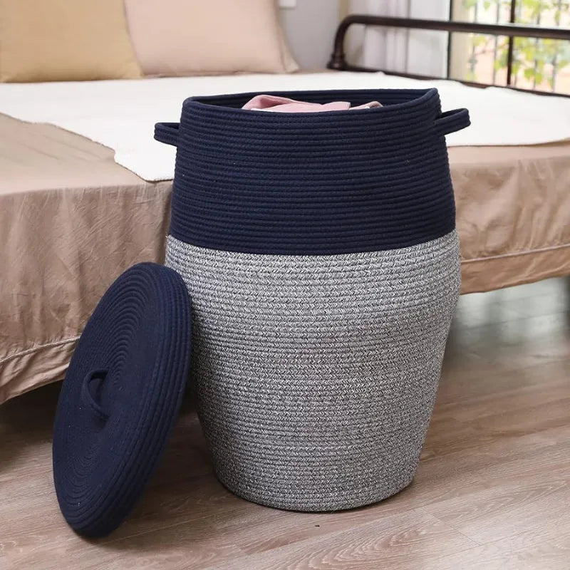 Blue & Grey Cotton Rope Storage Hamper with Lid - Medium, Large