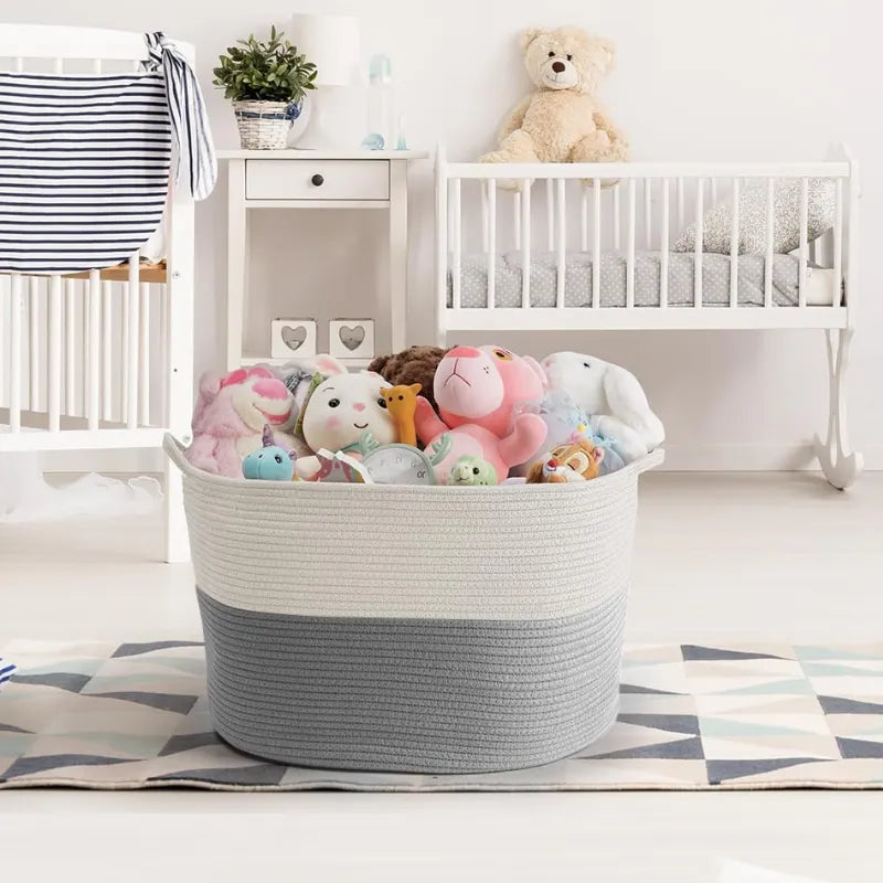 White & Grey Versatile Cotton Storage Basket with Handles - Medium, Large