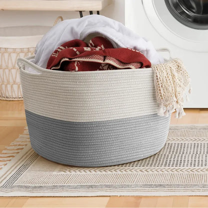 White & Grey Versatile Cotton Storage Basket with Handles - Medium, Large