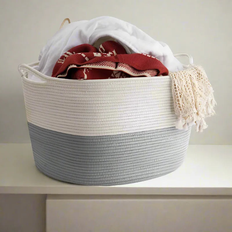 White & Grey Versatile Cotton Storage Basket with Handles - Medium, Large