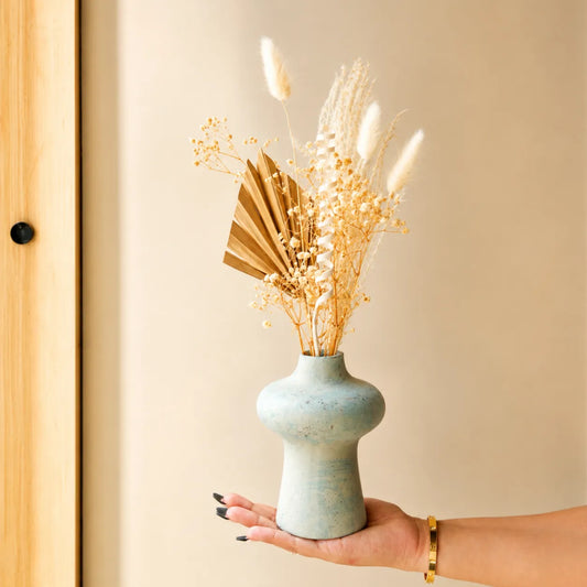 White Rustic Blue Porcelain Vase with Dried Flowers