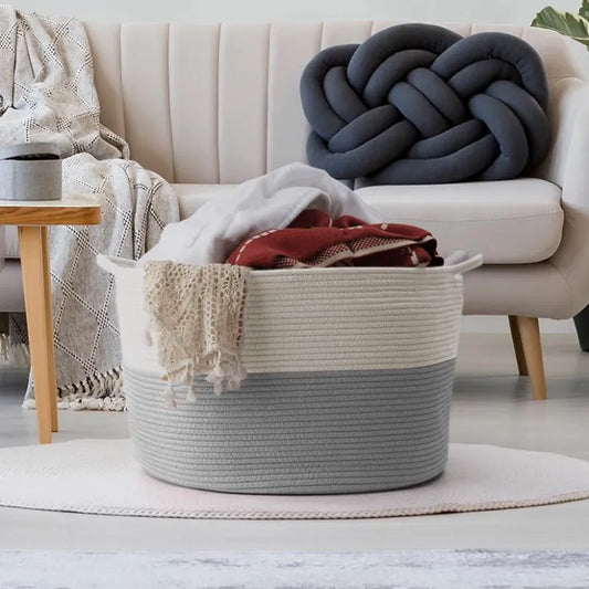 White & Grey Versatile Cotton Storage Basket with Handles - Medium, Large