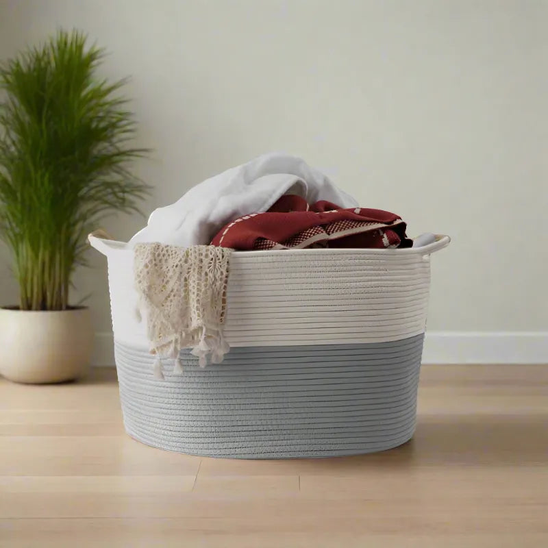 White & Grey Versatile Cotton Storage Basket with Handles - Medium, Large