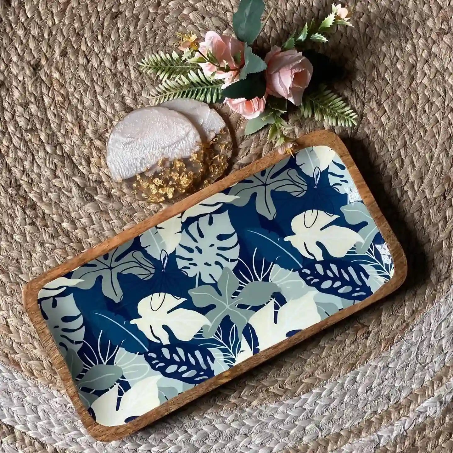 Elegant Wooden Navy Tropical Leaf Pattern Serveware