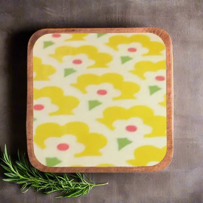 Yellow Flowers Pattern Print Wooden Serveware