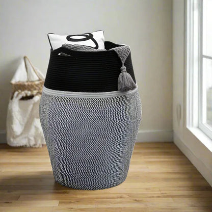 Black & White Cotton Laundry Storage Basket with Handles - Medium, Large