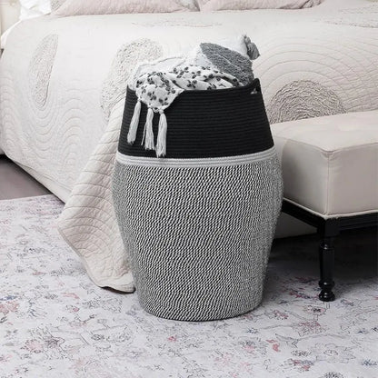 Black & White Cotton Laundry Storage Basket with Handles - Medium, Large