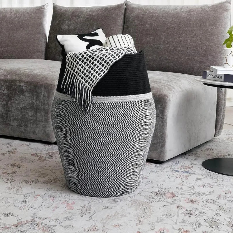 Black & White Cotton Laundry Storage Basket with Handles - Medium, Large