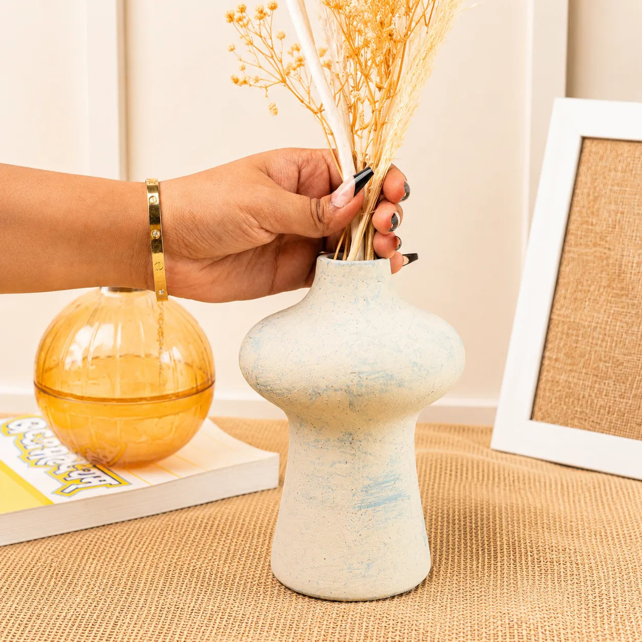 White Rustic Blue Porcelain Vase with Dried Flowers