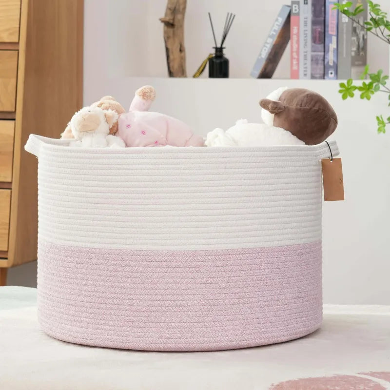 White & Pink Extra Large Storage, Laundry Basket - 22 inch x 22 inch x 14 inch