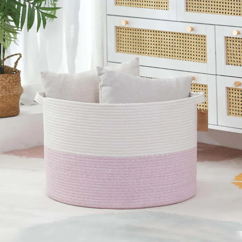 White & Pink Extra Large Storage, Laundry Basket - 22 inch x 22 inch x 14 inch