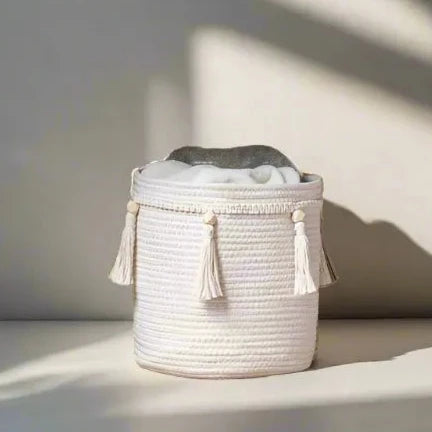 Handmade White Tassel Storage Basket - Medium, Large