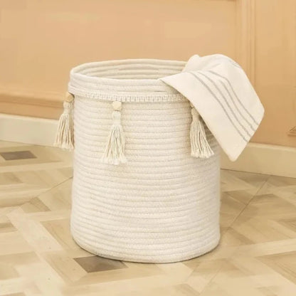 Handmade White Tassel Storage Basket - Medium, Large