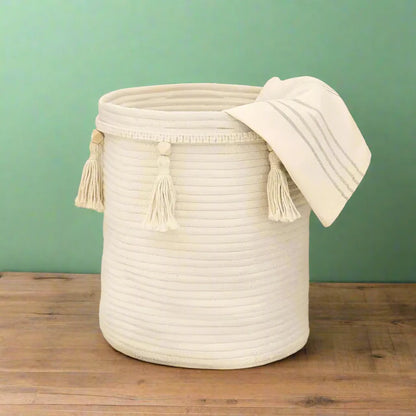 Handmade White Tassel Storage Basket - Medium, Large