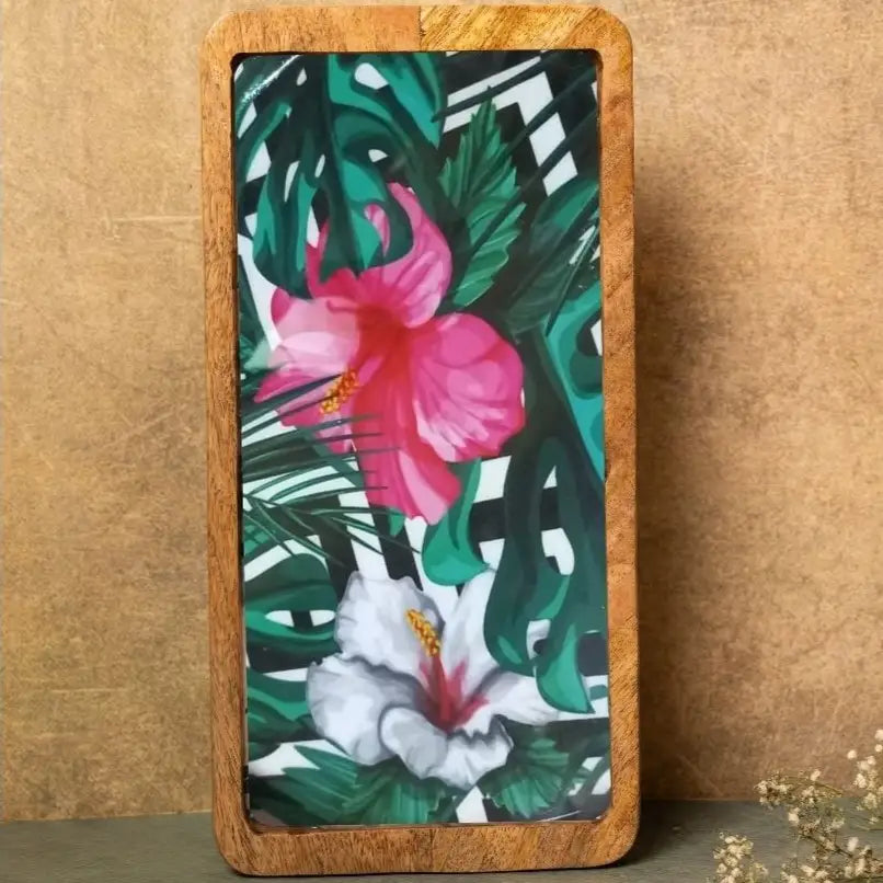 White & Pink Floral Print Wooden Serveware