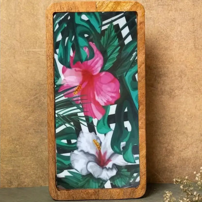 White & Pink Floral Print Wooden Serveware