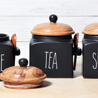 Black Ceramic Tea, Coffee & Sugar Storage Jar Set with Airtight Lid & Spoon - 1000 ml